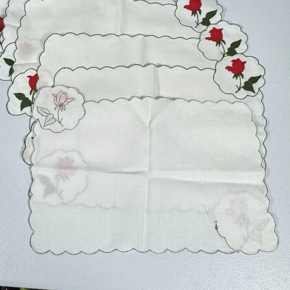 Vintage Floral Silverware Pocket Placemats Set of 6 Embroidered Red Rose